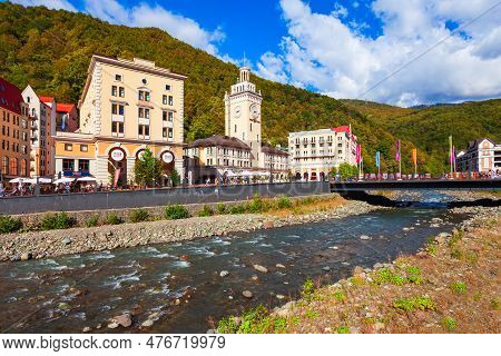 Rosa Khutor, Russia - October 06, 2020: Town Hall In The Centre Of Roza Khutor, An Alpine Ski Resort