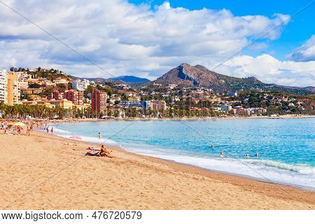 Malaga, Spain - October 23, 2021: Main City Beach In Malaga. Malaga Is A City In The Andalusia Commu
