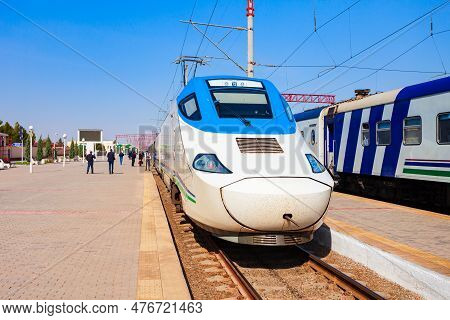 Bukhara, Uzbekistan - April 16, 2021: Afrosiyob Or Afrosiab Is A High Speed Electric Train Operated 