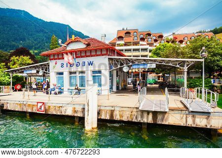 Weggis, Switzerland - July 12, 2019: Pier In Weggis, A Town On The Northern Shore Of Lucerne Lake In