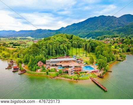 Kochel Am See, Germany - July 01, 2021: Kristall Therme Trimini Aerial Panoramic View. It Is A Therm