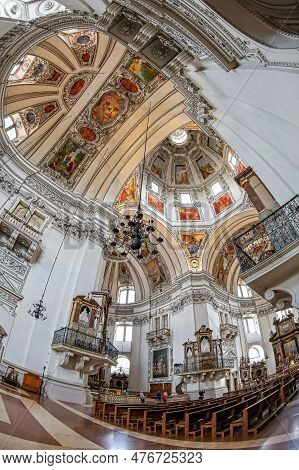 Salzburg, Austria - April 27, 2023: Interior Of The Medieval Salzburg Cathedral, The Xvii Th-century