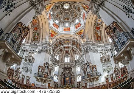 Salzburg, Austria - April 27, 2023: Interior Of The Medieval Salzburg Cathedral, The Xvii Th-century