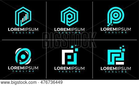 Modern Technology Letter P Logo Design Bundle. Digital Pixel Initial P Logo.