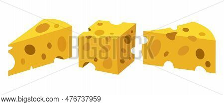 Swiss Cheese Illustration In Flat Style. Square And Triagle Piece Of Cheese With Holes. Cheese Icon 