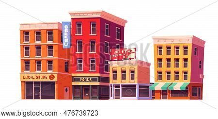 Shop And Cafe Buildings Exterior, Store Front On City Street. Commercial Buildings And Stores In Tow