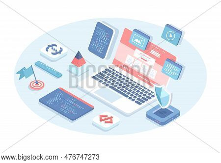 Programming Software Concept. Full Stack Software Development, Engineering, Programming And Testing 