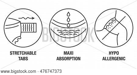 Diapers Properties Icons Set In Thin Line - Stretchable Tabs, Maxi Absorption And Hypoallergenic