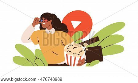 Cinema Concept. Happy Woman Watching Film With 3d Glasses And Popcorn Bucket. Excited Girl, Movie Bu