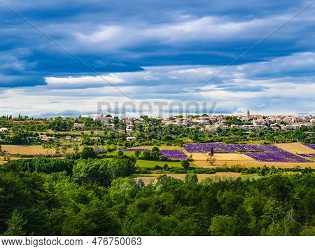 Hilltop Puimoisson Village In France. Summer Provence Landscape With Purple Lavender Fields. Plateau