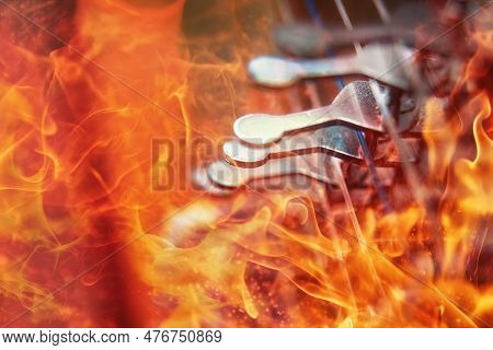 Irish Harp Music Instrument Closeup. Blur Background. Fire Effect.