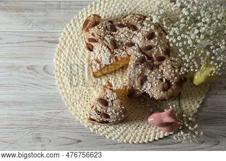 Delicious Italian Easter Dove Cake (traditional Colomba Di Pasqua) And Festive Decor On White Wooden