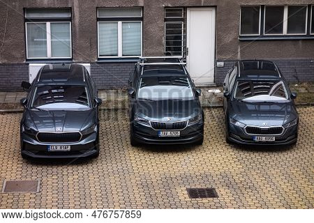 Ostrava, Czech Republic - February 23, 2023: Three Grey Skoda Cars, Octavia Combi, Karoq And Electri