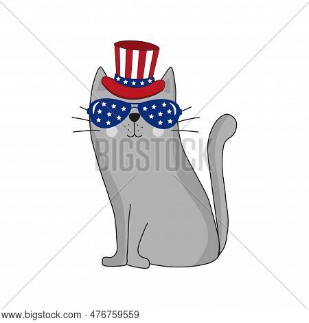 Cat In American Hat. Hand Drawn Vector Illustration. Good For T Shirt Print, Poster, Card, Label, An