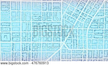Blue City Area, Background Map, Streets And Cartography Illustration. Widescreen Proportion, Digital