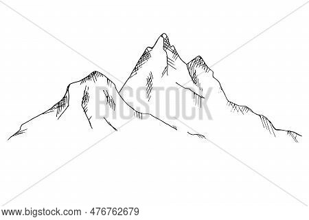 Mountains. Mountainous Sketch. Hilly Landscape Hand-drawn. Tourism, Travel, Nature, Life Style. Line