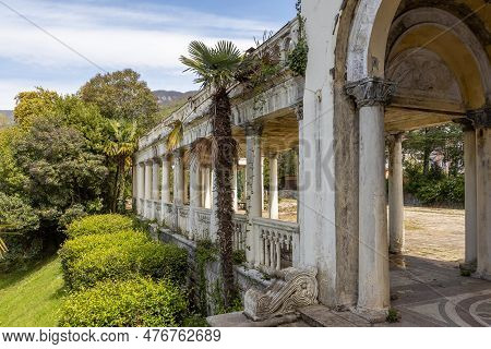 Facade Of One Of The Pavilions Of Marble Colonnade Of Abandoned Railway Platform Gagrypsh In Old Gag