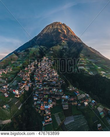 Aerial View The Beauty Of Building Houses In The Countryside Of The Mountainside In The Morning. Nep