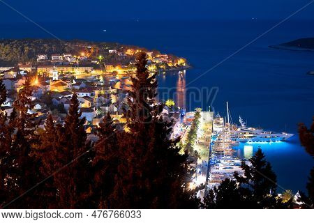 Aerial View Of Hvar Rooftops And Harbor Evening Panoramic View, Dalmatia Archipelago Of Croatia