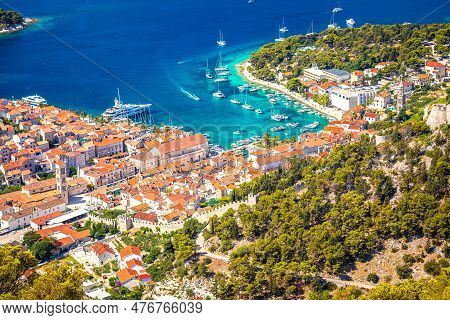 Old Town Of Hvar Bay And Harbor Aerial View, Dalmatia Archipelago Of Croatia
