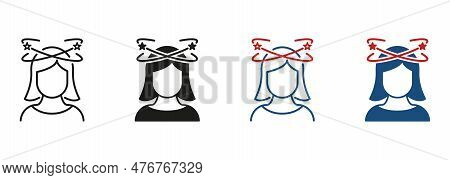 Headache, Distracted Head, Dizziness, Migraine Line And Silhouette Black Icon Set. Woman Feel Dizzy 