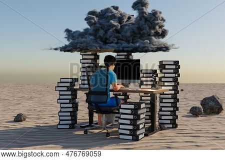 Man Sitting At Pc Office Workplace In Desert Environment With Huge Stacks Of Binders And Cloud Over 