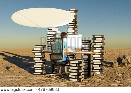 Man Sitting At Pc Office Workplace In Desert Environment With Huge Stacks Of Binders And Cloud Over 