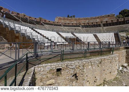 Taormina, Sicily, Italy - April 28, 2023: Ancient Theatre Of Taormina (teatro Antico Di Taormina), R