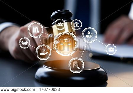 Smart Law, Legal Advice Icons And Lawyer Working Tools In The Lawyers Office Showing Concept Of Digi