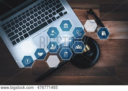 Smart Law, Legal Advice Icons And Lawyer Working Tools In The Lawyers Office Showing Concept Of Digi