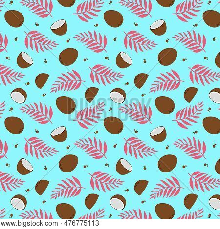 Coconut Summer Seamless Pattern With Palm Leaves.