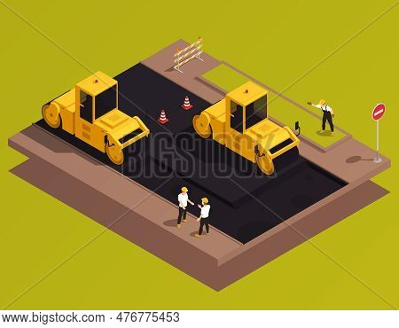 Road Construction Isometric Composition With Traffic Cones Human Workers And Roller Machines Surfaci
