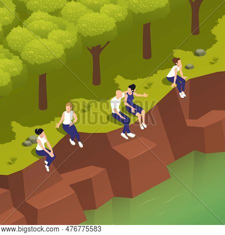 Sitting People Isometric Composition With Outdoor River Bank Landscape And Faceless Human Characters