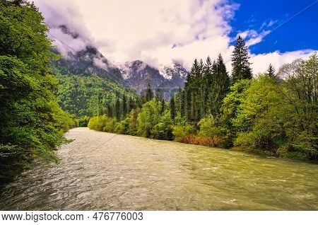 River In Austrian Mountains In Spring Season. Traun River Flowing Through Mountains, Salzkammergut R