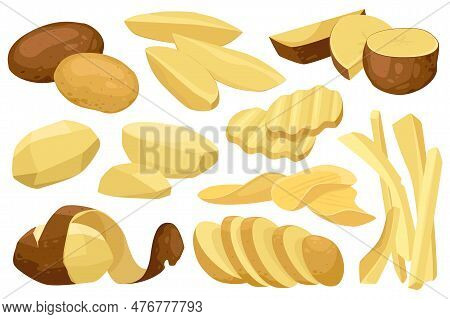 Realistic Potato Mega Set Graphic Elements In Flat Design. Bundle Of Raw Whole Root Crops And Sliced