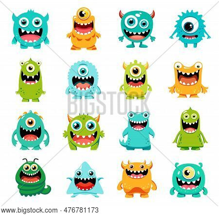 Cartoon Monster Characters, Cute Funny Alien Animals With Cyclops Eye, Kids Vector Emoji. Little Cre