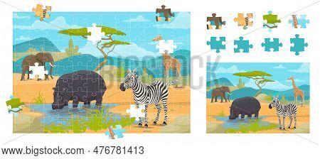 Cartoon Savannah African Animals. Jigsaw Puzzle Game Pieces. Correct Piece Connect Puzzle, Figure Fi