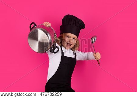 Fynny Kid Chef Cook With Cooking Pot And Ladle. Cooking Children. Chef Kid Boy In Form Of Cook. Chil