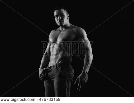 Muscular Shirtless Manked Man Model Showing Six Pack Abs. Gay Sexy Model. Perfect Abs Shoulders Bice