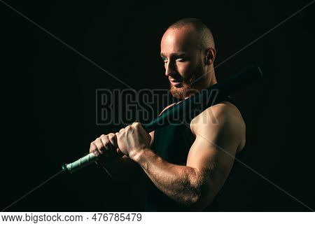 Brutal Man, Handsome Serious Male Model. Strong Muscular Male Body, Muscles Guy. Brutal Man With Bas