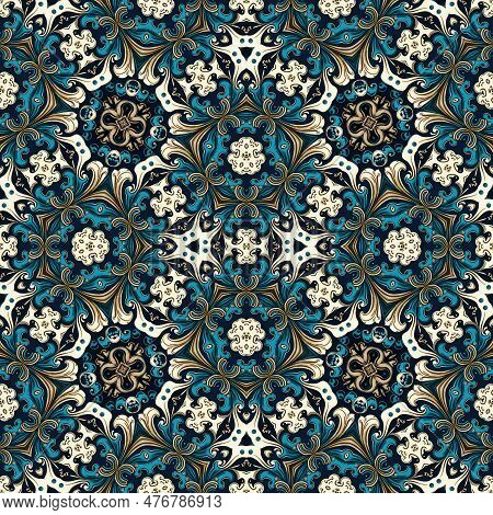 Ornamental Victorian Seamless Wallpaper In Roccoco Style. Repeat Tile Of Ornate Botanical Baroque De
