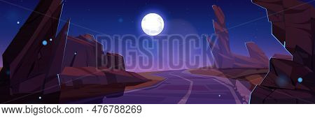 Cartoon Night Road Between Rocks. Vector Illustration Of Desert Landscape With Huge Stones On Sides 