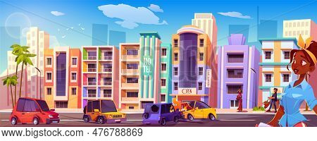 Car Crash In Modern City Street. Vector Cartoon Illustration Of Scared Pedestrians Looking At Damage