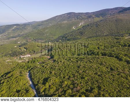 Aerial Spring View Of Rhodopes Mountain Near Town Of Kuklen, Bulgaria