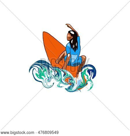 Surfer Girl Riding The Waves On A White Background, Llustrations Are Drawn On A Blue Background. Dra