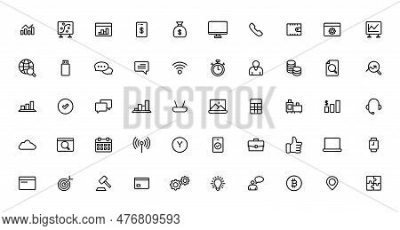 Business And Finance Web Icons. Vector Business And Finance Outline Stroke Line Icon Set With Money,