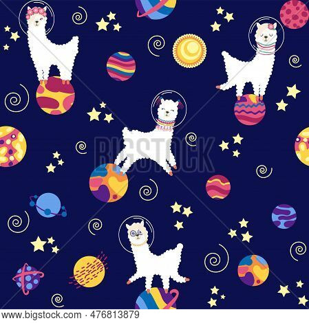 Seamless Pattern With Lama In A Rocket, In Space. Lama Travels, Adventures Among The Stars. Cute Pat