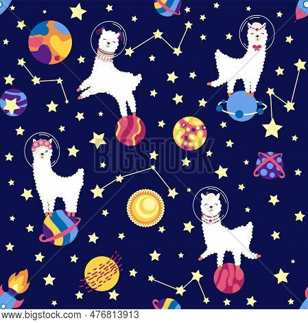 Seamless Pattern With Lama In A Rocket, In Space. Lama Travels, Adventures Among The Stars. Cute Pat