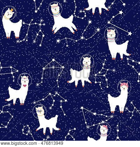 Seamless Pattern With Lama In A Rocket, In Space. Lama Travels, Adventures Among The Stars. Cute Pat