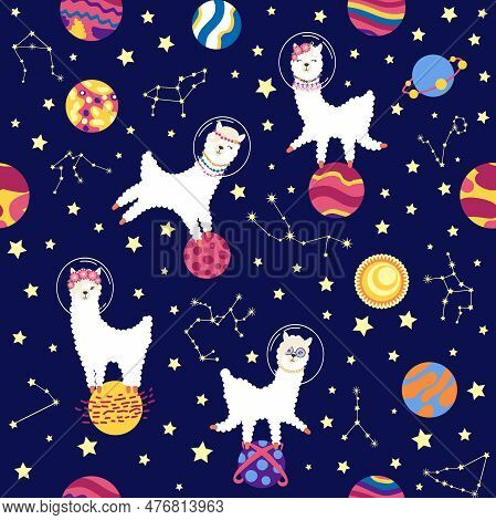 Seamless Pattern With Lama In A Rocket, In Space. Lama Travels, Adventures Among The Stars. Cute Pat